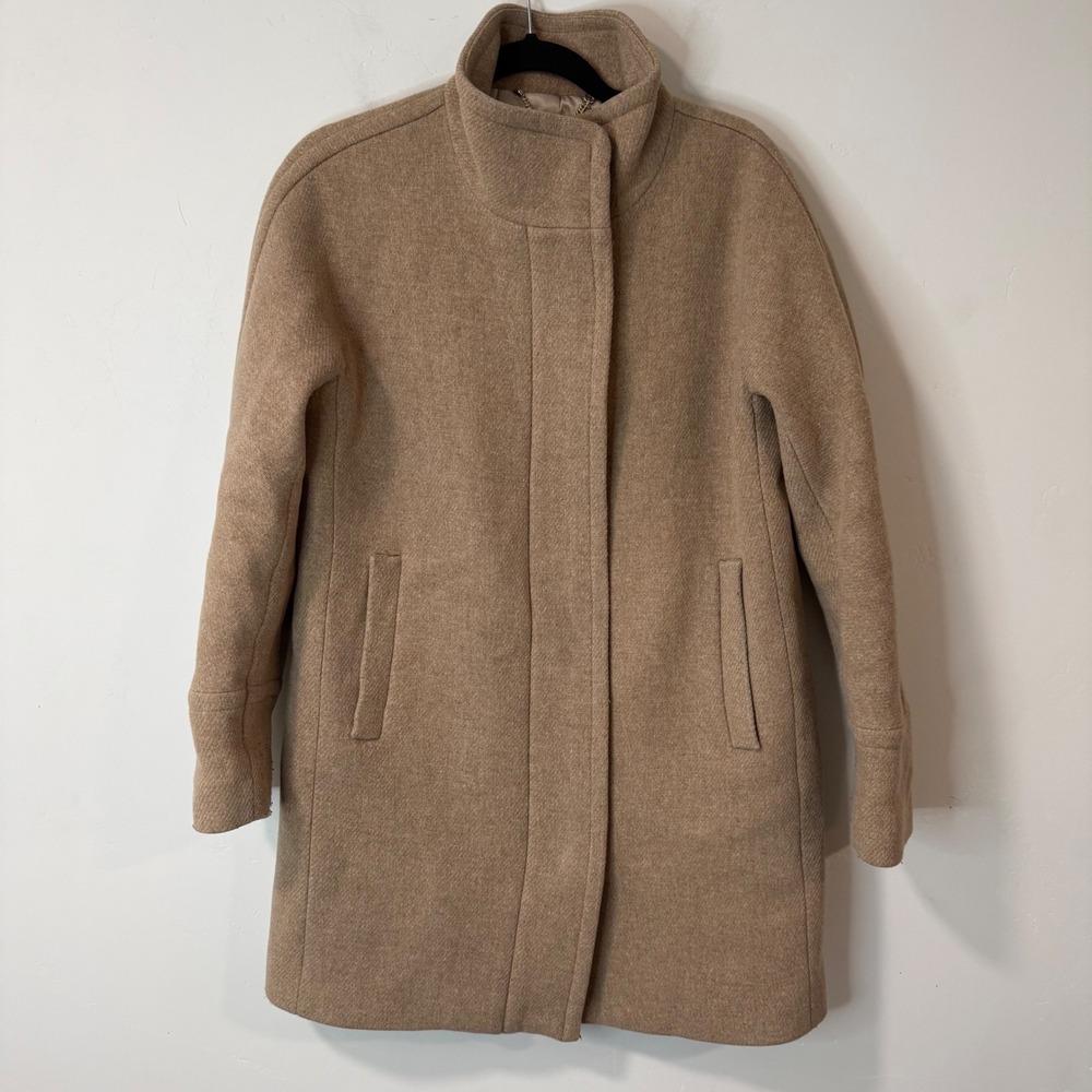 J.Crew Womens Stadium Cloth Cocoon Coat 8 Tan Wool Blend Zip Front Dress Peacoat